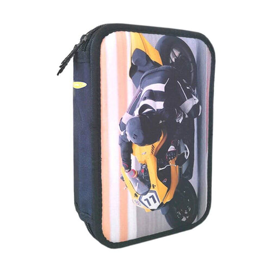 Penar Echipat DACO, Model Motocicleta, 19.5x12.5x5 cm, Doua Fermoare cu Doua Compartimente, Poliester, Negru, Penare Scoala, Penare Scolare, Rechizite Scolare, Penar Scolari, Penare cu Fermoar, Penare Echipate
