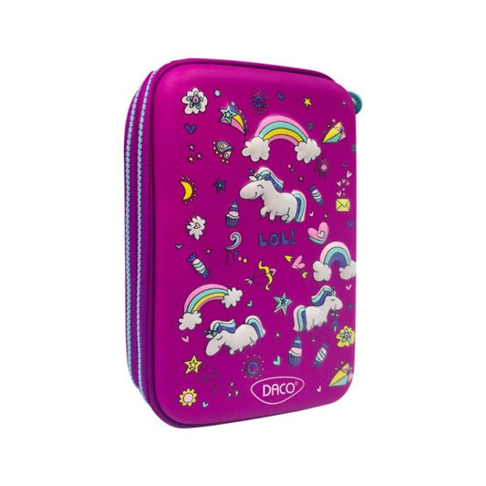 Penar Neechipat DACO, Model Unicorn, 22x15.5x7.5 cm, PVC, Culoare Lila, Doua Fermoare cu Doua Compartimente, Penar Fermoar, Penare Neechipate, Penare de Scoala, Penare Scolare, Penar Scolar, Rechizite Scolare, Penar 3D, Penare 3D