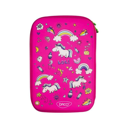 Penar Neechipat DACO, Model Unicorn, 22x15.5x7.5 cm, PVC, Culoare Roz, Doua Fermoare cu Doua Compartimente, Penar Fermoar, Penare Neechipate, Penare de Scoala, Penare Scolare, Penar Scolar, Rechizite Scolare, Penar 3D, Penare 3D