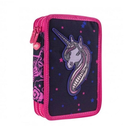 Penar Neechipat DACO, Model Unicorn, 20x5x13 cm, Poliester, Negru/Roz, Doua Fermoare cu Doua Compartimente, Penar Fermoar, Penare cu Fermoar, Penare Neechipate, Penare de Scoala, Penare Scolare, Penar Scolar, Rechizite Scolare
