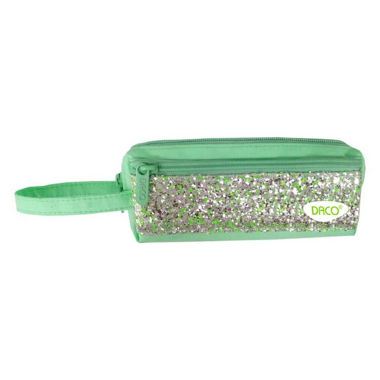 Penar Tip Borseta DACO cu Paiete, 18x7.5x2.5 cm, Verde, Poliester, Doua Fermoare cu Doua Compartimente, Penare Scoala, Penare Scolare, Rechizite Scolare, Penar Scolari, Penare cu Fermoar, Penar Neechipat, Penar Tip Borseta