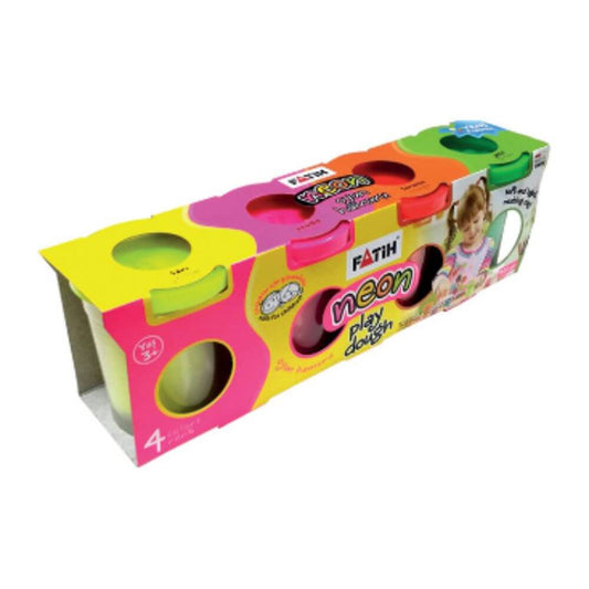 Plastilina Usoara Fatih, 520 g, 4 Culori Neon, cu Recipiente, Plastilina in Borcanele, Plastilina in Borcan, Plastilina pentru Copii, Plastilina Modelatoare, Plastiline pentru Gradinita si Scoala, Set Plastilina