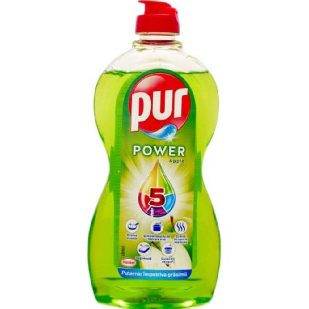 Detergent Lichid de Vase PUR Power 5 Apple, 450 ml, Parfum de Mere Verzi, Pur Detergent de Vase, Detergent de Vase Manual, Detergent Lichid pentru Vase, Degresant pentru Vase, Detergent Impotriva Grasimilor, Solutii Curatare Vase