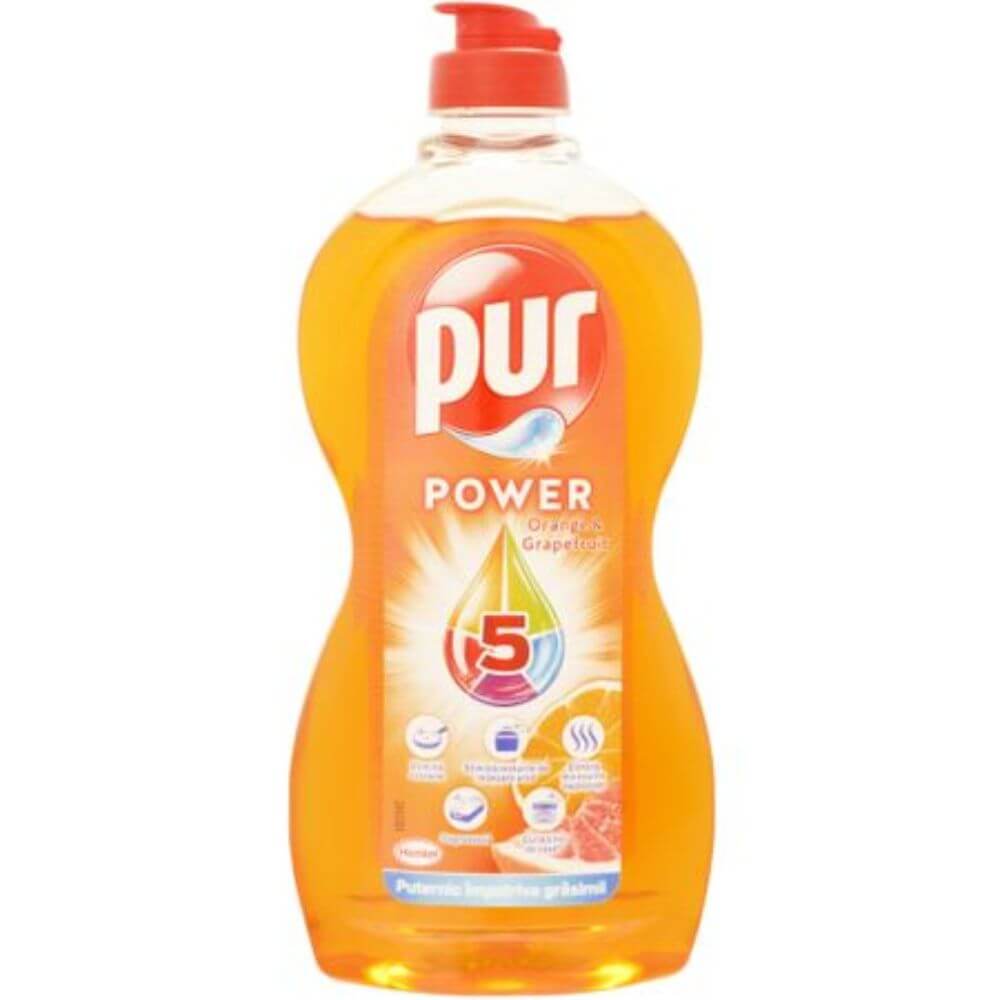 Detergent de Vase Lichid PUR Power 5 Orange&amp;Grapefruit, 450 ml, Parfum de Portocale si Grapefruit, Pur Detergent de Vase, Detergent Lichid pentru Vase, Degresant pentru Vase, Detergent Impotriva Grasimilor