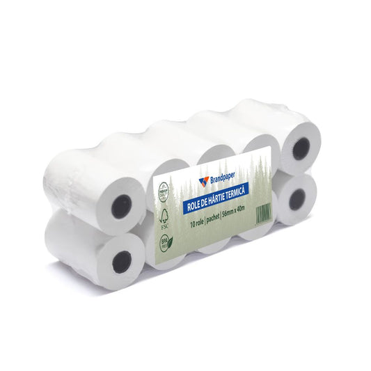 Set 10 Role Termice ROLLIS, 56mm x 40m, Hartie Termica 48 g/mÂ² fara Bisfenol A (BPA), Tub 12 mm