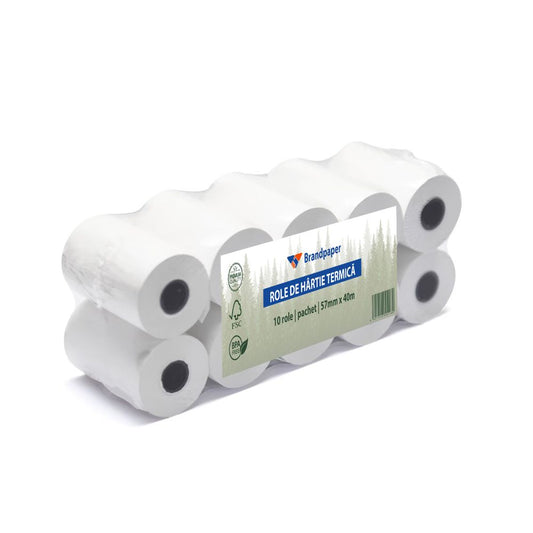 Set 10 Role Termice ROLLIS, 57mm x 40m, Hartie Termica 48 g/mÂ² fara Bisfenol A (BPA), Tub 12 mm