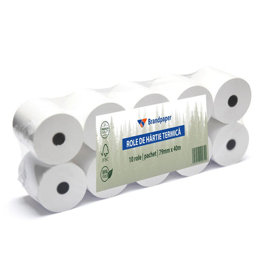 Set 10 Role Termice ROLLIS, 79mm x 40m, Hartie Termica 48 g/mÂ² fara Bisfenol A (BPA), Tub 12 mm