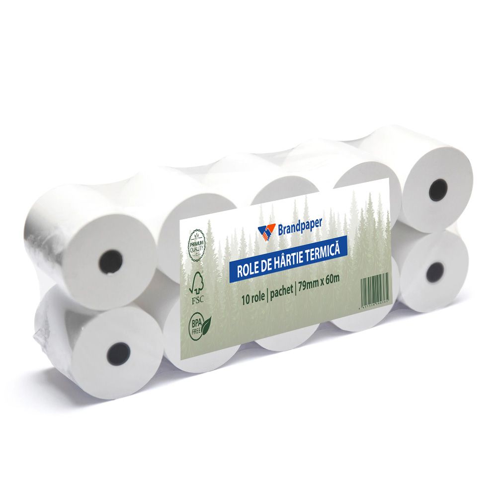 Set 10 Role Termice ROLLIS, 79mm x 60m, Hartie Termica 48 g/mÂ² fara Bisfenol A (BPA), Tub 12 mm