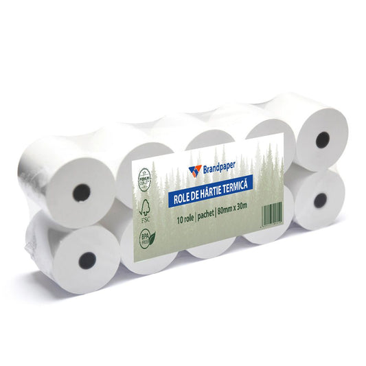 Set 10 Role Termice ROLLIS, 80mm x 30m, Hartie Termica 48 g/mÂ² fara Bisfenol A (BPA), Tub 12 mm