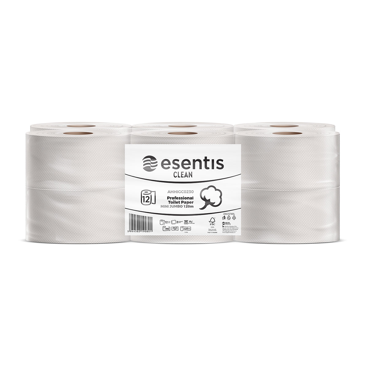 Hartie igienica Mini Jumbo ESENTIS Clean, alba, 2 straturi, 12 role/set