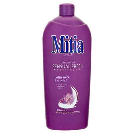 Rezerva Sapun Lichid MITIA Sensual Fresh, 1L, Parfum Lotus si Vitamina E, Bidon Rezerva Sapun Lichid 1L, Rezerve de Sapun Lichid, Rezerve de Sapunuri Lichide, Rezerve Sapun pentru Recipiente cu Pompita, Rezerva Sapun pentru Curatare Maini