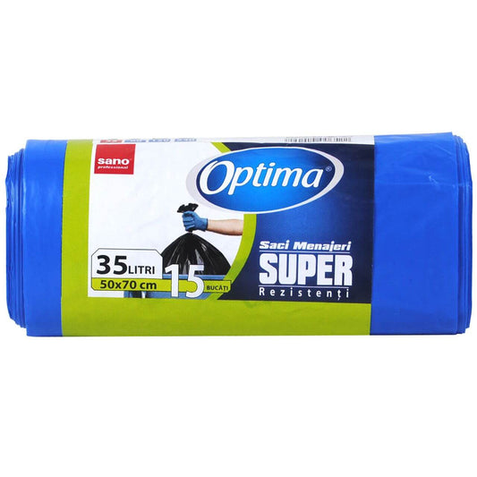 Saci menajeri LDPE albastri Sano Optima, 35 L, 50 x 70 cm, 22 micrpni, 15 saci/rola