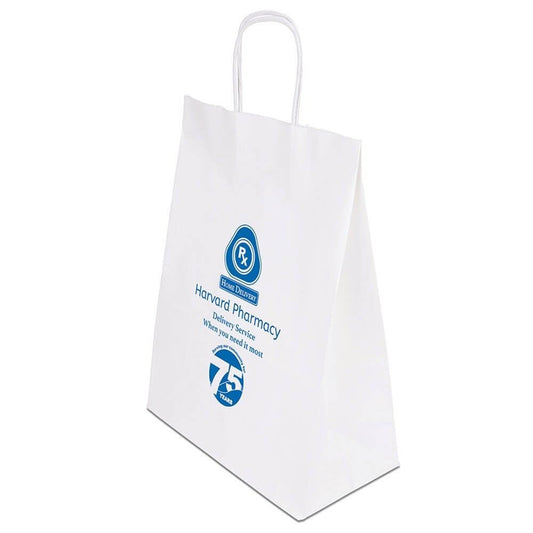 Sacose din Hartie Alba Personalizate, 25x14x30.5 cm, 1 Culoare Fata, 90 g/mÂ², Maner Sfoara, Sacose din Hartie Personalizate, Pungi Hartie Personalizate, Sacosa Hartie Personalizata, Sacosa Alba Hartie Personalizata