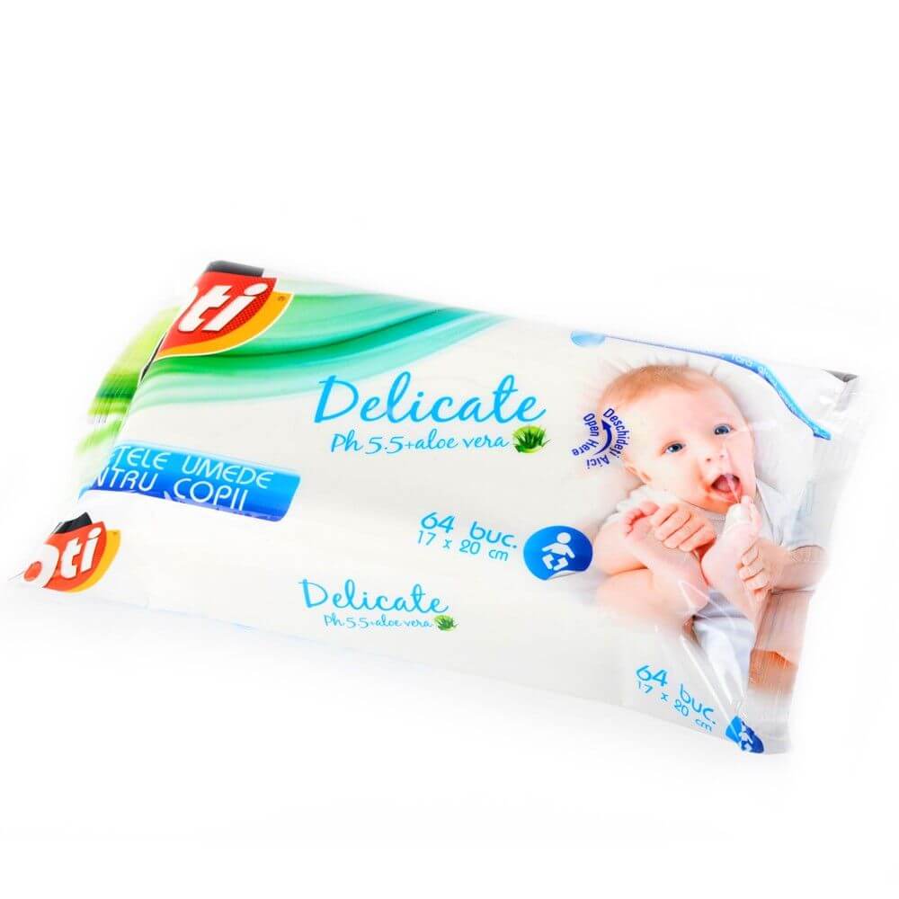 Servetele Umede Copii OTI, 64 Buc/Pachet, cu Extract de Aloe Vera, Servetele Umede pentru Copii, Servetele Umede OTI, Servetele Umede Bebelusi, Servetele Umede Baby, Servetele Umede cu Aloe Vera