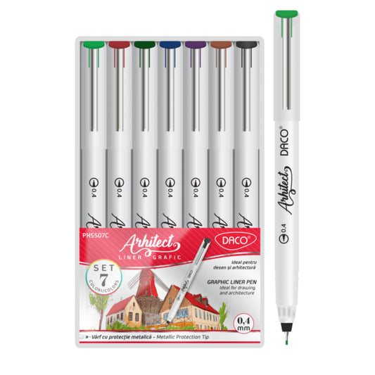 Set 7 Finelinere Daco Liner Arhitect Color, Varf de 0.4 mm, Diverse Culori, Pixuri Liner, Linere Desen, Linere Arhitectura, Linere Grafica, Liner Color, Pixuri Grafice, Liner Grafic, Liner Desen, Liner Pix, Liner cu Pigmenti, Pix Desen Grafic