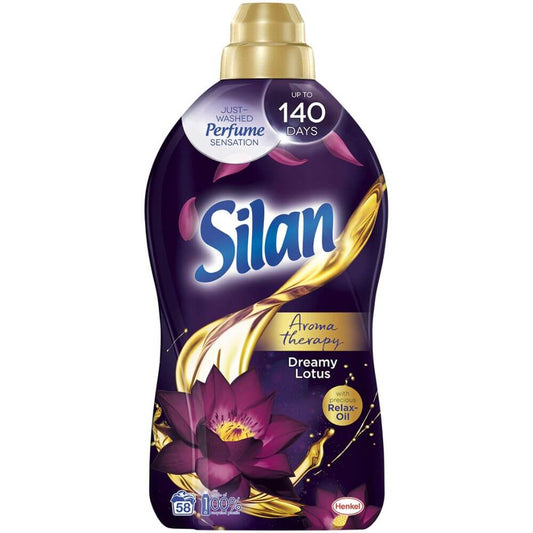 Balsam Rufe Silan Aroma Therapy Dreamy Lotus, 1.45L, 58 Spalari, Parfum de Lotus, Balsam Silan pentru Rufe, Balsam de Rufe cu Miros Floral, Balsamuri de Rufe Silan, Silan Detergenti si Balsamuri de Rufe