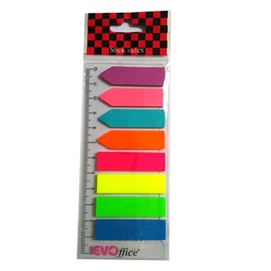 Stick Index Plastic Color EVOffice cu Rigla, Forma Steag si Sageata, Dimensiune 44x12.7 mm, 8 Culori Neon x 25 File