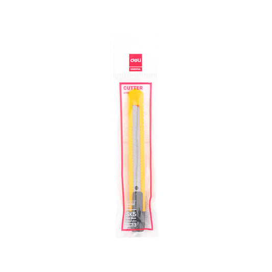 Cutter cu Blocare DELI Essential, Lama de Otel, Galben, 0.5x19x100 mm, 1 Buc, Cutter pentru Hartie, Cutter pentru Carton, Cutter pentru Materiale, Cutter cu Comutator de Blocare, Cutter cu Lama de Otel, Cutter Maner Plastic, Cutter Lama 80mm