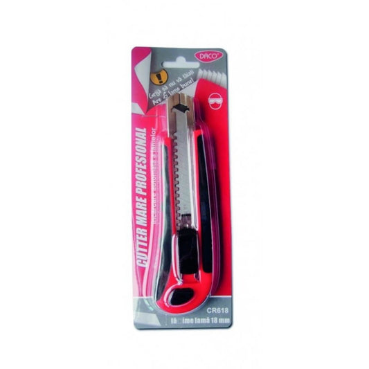 Cutter Profesional Mare Daco 18 cm, Lama 18 mm, 6 Lame Incluse, Plastic/Metal, Rosu/Negru, Cutter cu Sistem de Blocare, Cutter Clasic, Cutter Clasic Mare, Cutter Profesional, Cutter Mare, Cutter Carton, Cutter Hartie