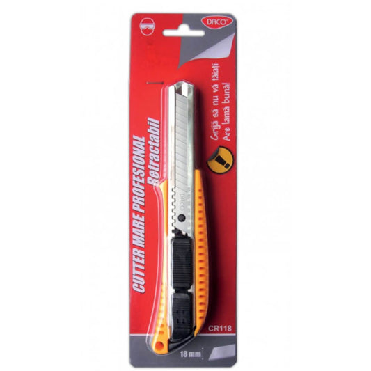Cutter Profesional Mare Retractabil Daco, Lama 18 mm, Plastic/Metal, Galben/Negru, cu Sistem de Blocare, Cutter Profesional, Cutter Profesional Mare, Cutter Mare, Cutter Carton, Cutter Hartie