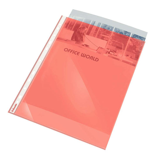 Set 10 Folii Protectie Documente A4 Esselte, 55 Microni, Rosie, Folie Protectie Documente, Folii A4, Folii A4 Protectie, Folii pentru Documente, Folii Transparente Protectie, Folie Transparenta Protectie, Folie Transparenta Documente