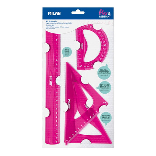 Set Geometrie Milan: Liniar 30 cm, Echer 13 si 17 cm, Raportor 10 cm, Plastic Flexibil, Roz, Set Geometrie, Set Trusa Geometrica, Truse Geometrice Set Trusa Geometrie, Trusa Geometrie, Instrumente Geometrie, Liniar, Linie, Echer, Raportor