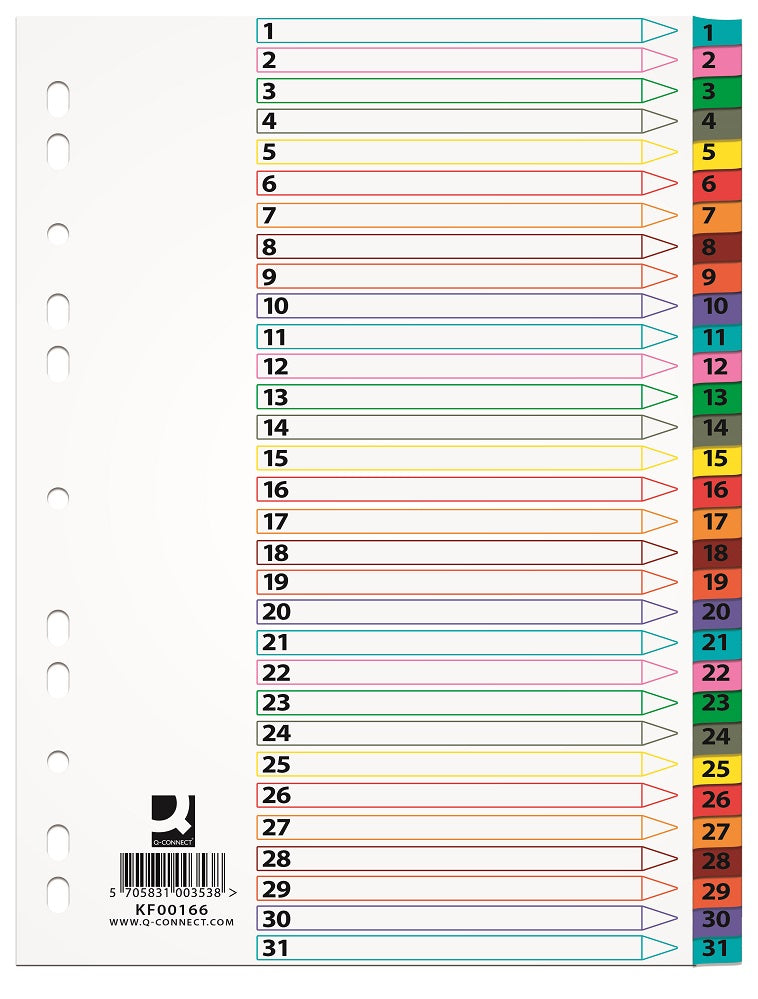 Index Carton Alb Mylar Numeric 1-31, Margine Pp Color, A4, 170g/mp, Q-connect