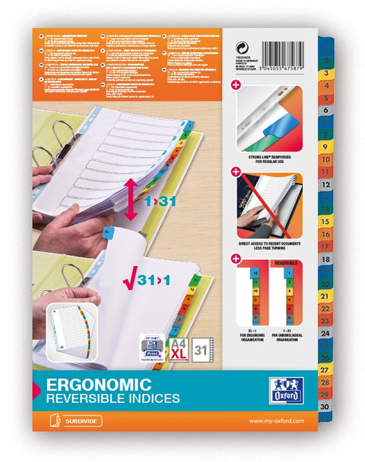 Index Carton Alb Mylar Numeric 1-31, Margine Pp Color, A4 Xl, 170g/mp, Oxford