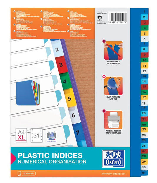 Index Plastic Color Numeric 1-31, A4 Xl, 120 Microni, Oxford