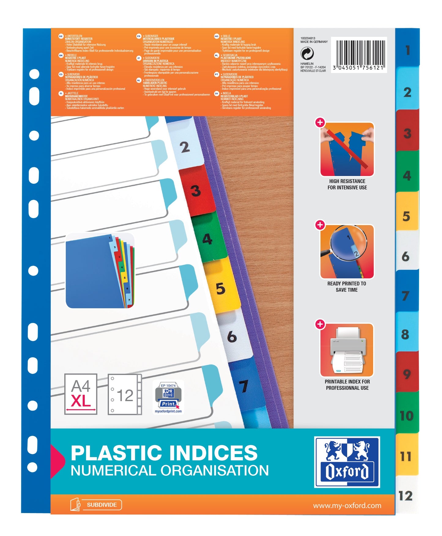 Index Plastic Color Numeric 1-12, A4 Xl, 120 Microni, Oxford