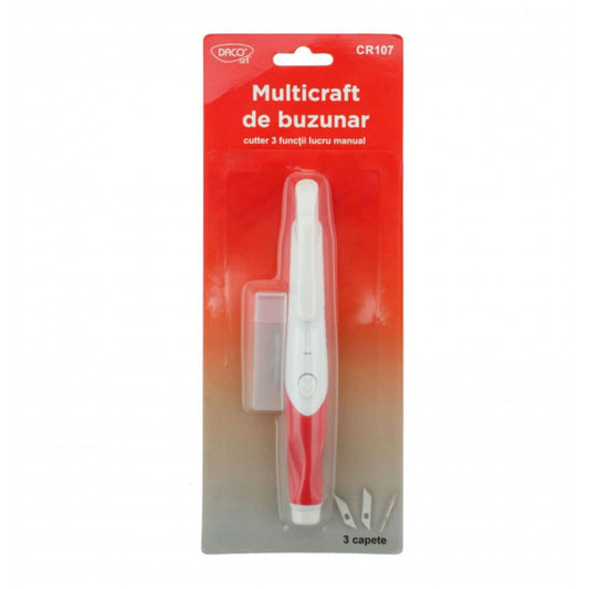 Cutter Multicraft Compact Daco, 2 Lame Incluse + Capat pentru Embosare, Rosu/Alb, Plastic/Metal, Cutter Carton, Cutter Hartie, Cutter Multicraft, Instrument Embosare, Cutter cu Capat pentru Embosare, Cutter Capat Embosare
