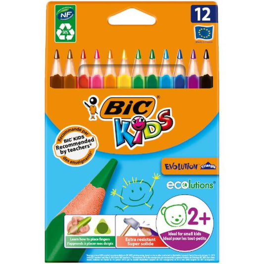Creioane Colorate BIC Evolution Triunghiulare, 12 Buc/Set, Culori Asortate, Creion Colorat BIC, Set 12 Creioane Colorate BIC Evolution Triunghiulare, Creioane de Colorat BIC pentru Copii